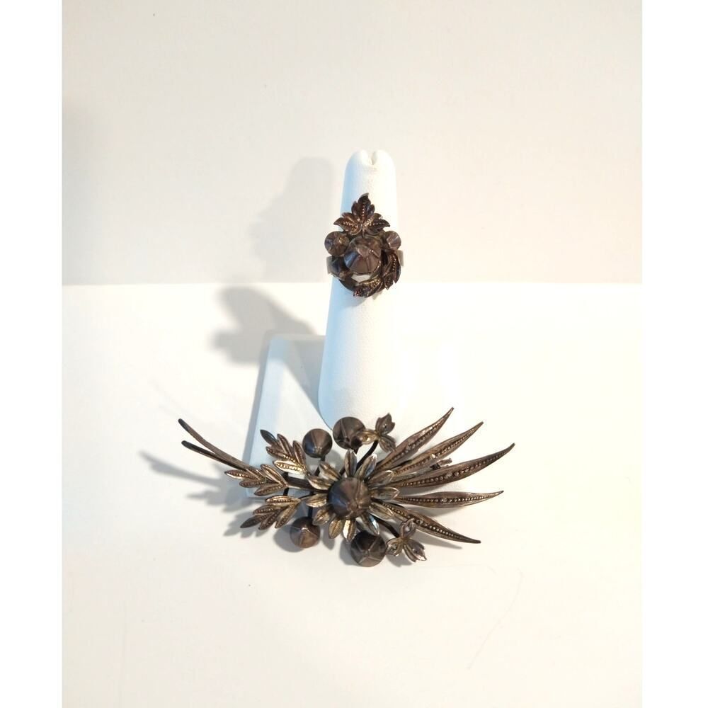 Victorian Antique Austrian Branch Brooch Ring Set Rose Cut Diamond Silver Leaf - Picture 7 of 16